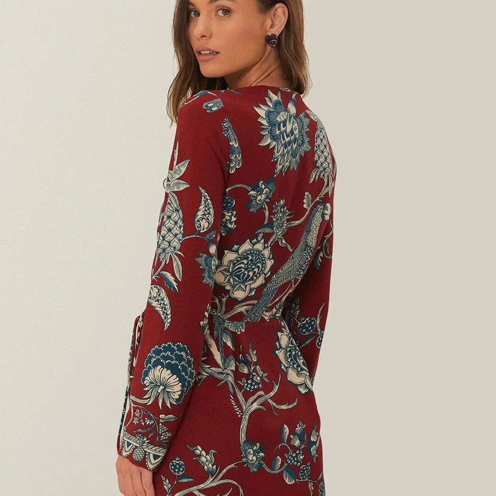 FARM Rio Red Floral Wrap Long Sleeve Dress - Picture 2 of 8